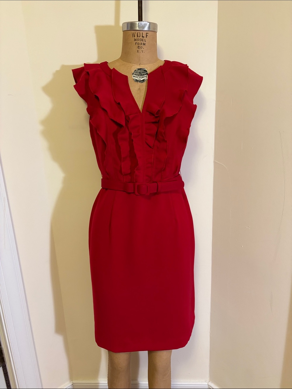 Spense Red Ruffle Belted Dress